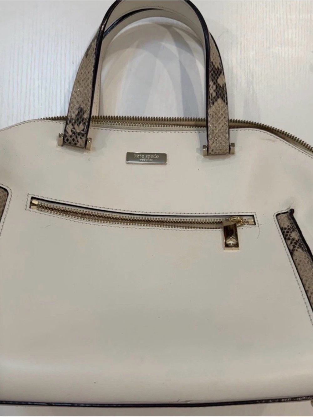 kate spade Cream Dome Satchel with Snake-Print Trim and Gold Hardware